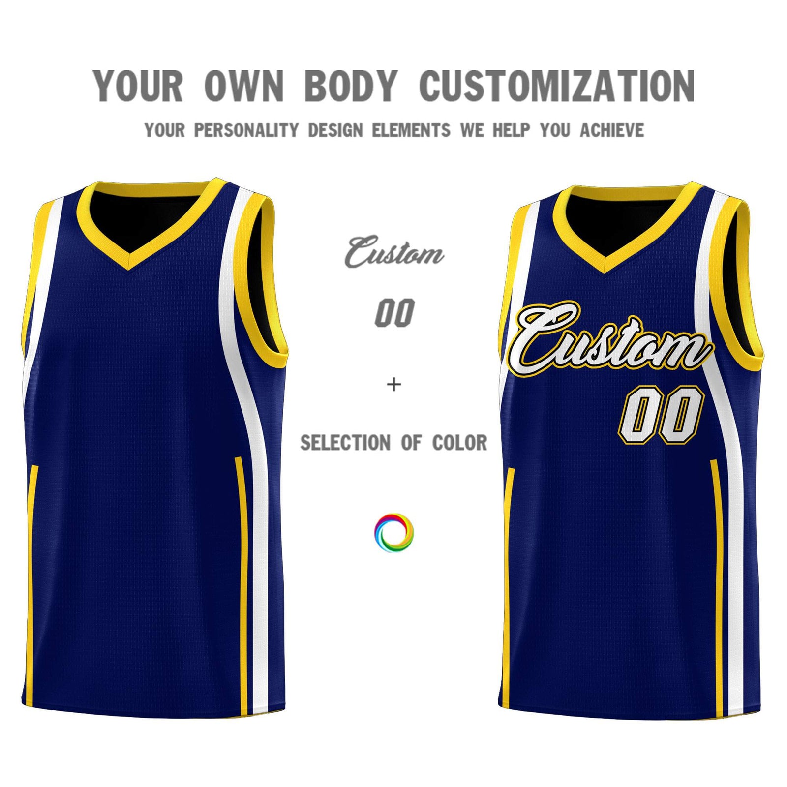 Custom Navy Gold-White Ribbon Pattern Basketball Kits
