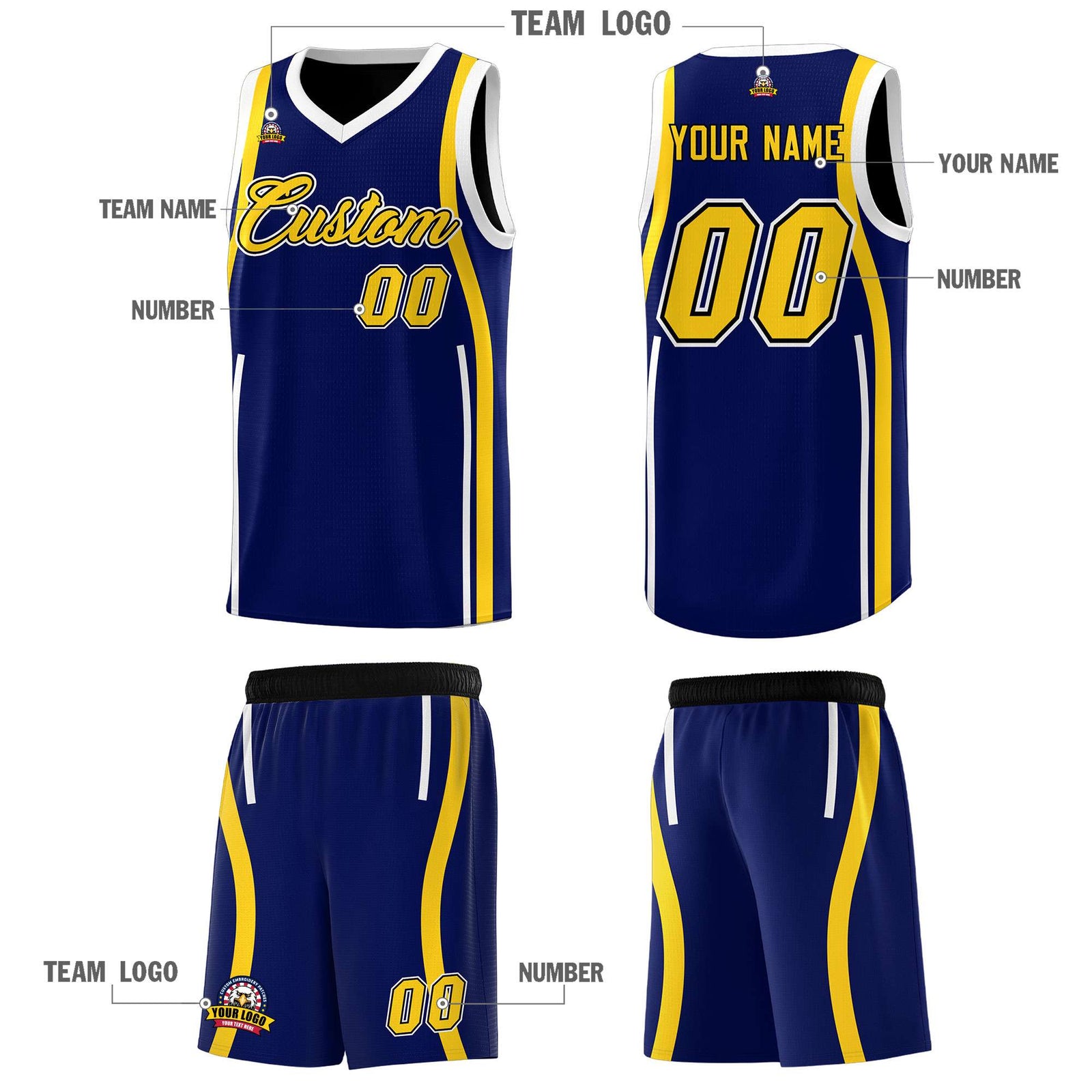 Custom Navy Gold-White Ribbon Pattern Basketball Kits