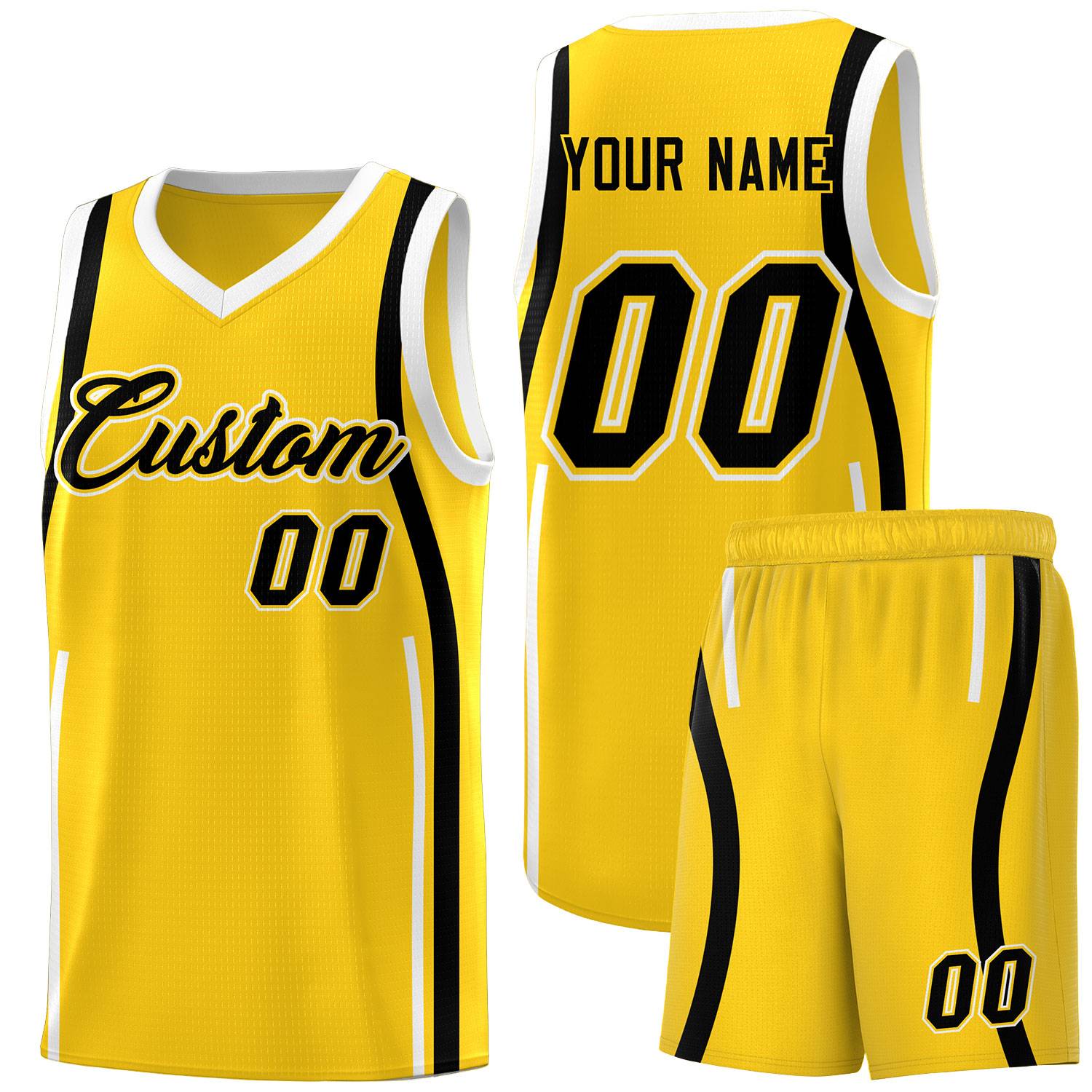 Custom Gold Black-White Ribbon Pattern Basketball Kits