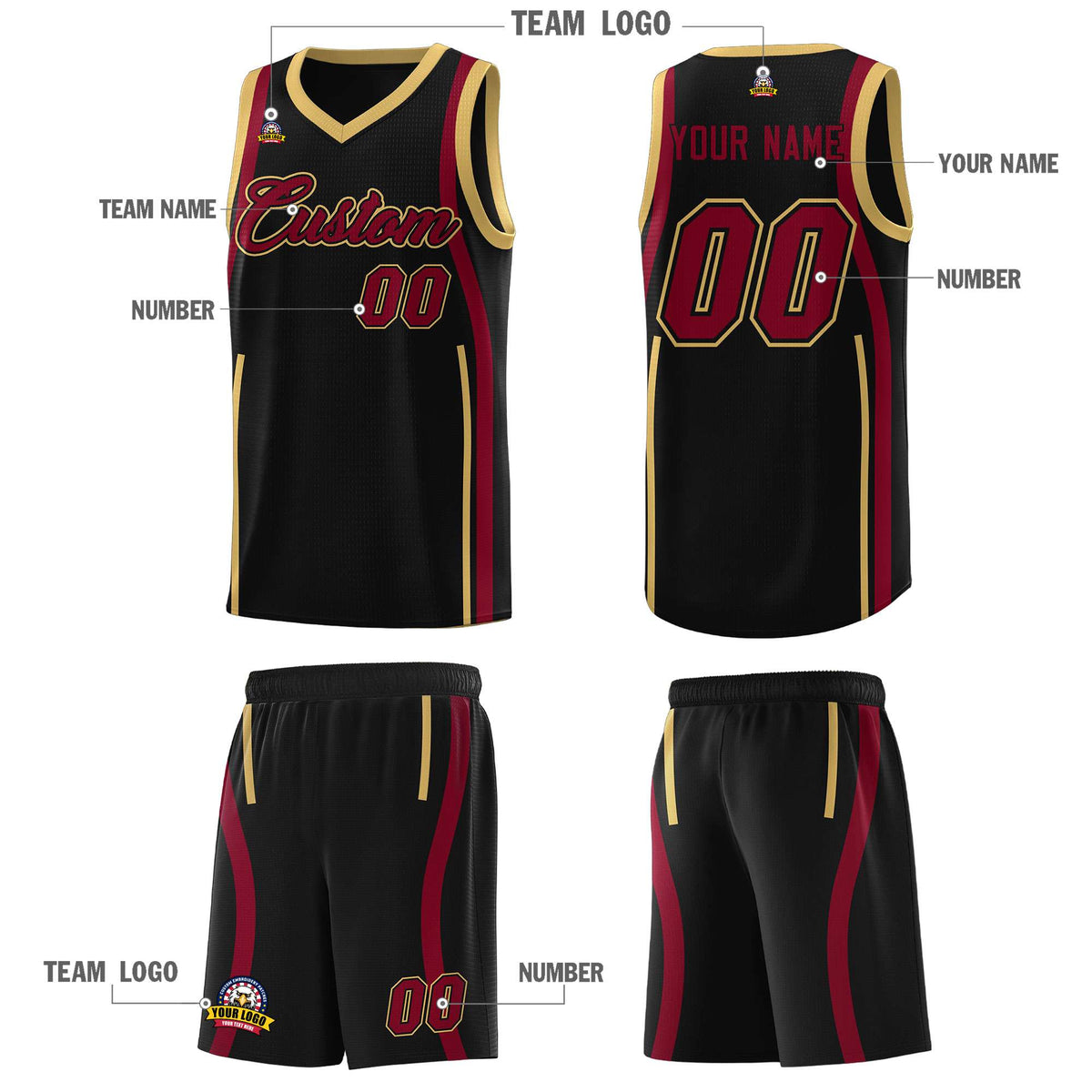 Custom Black Crimson-Old Gold Ribbon Pattern Basketball Kits