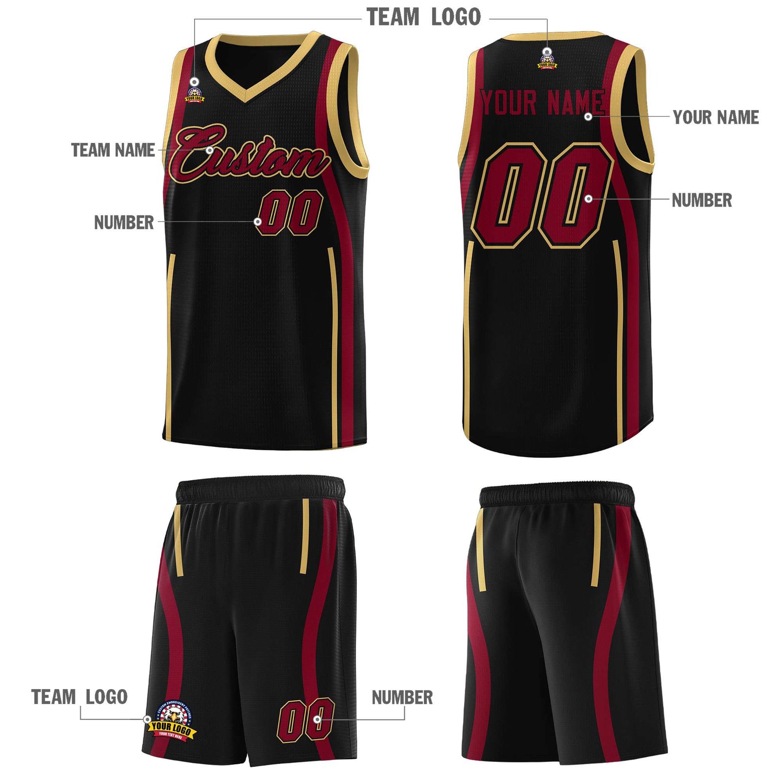 Custom Black Crimson-Old Gold Ribbon Pattern Basketball Kits