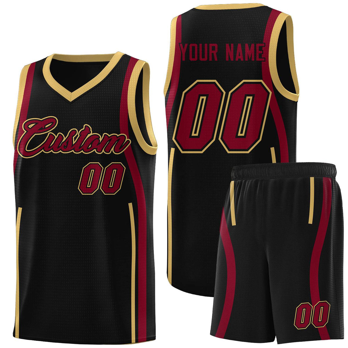 Custom Black Crimson-Old Gold Ribbon Pattern Basketball Kits