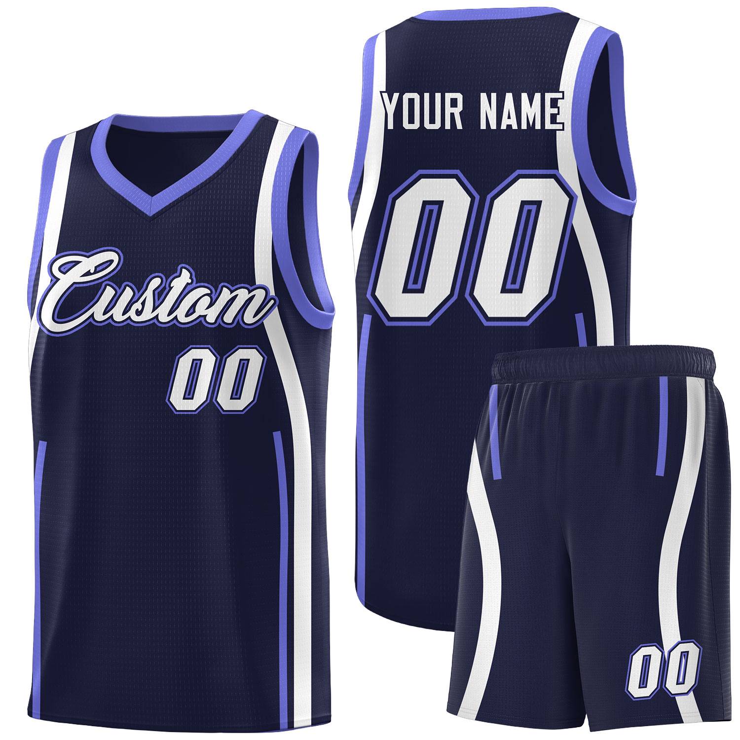 Custom Navy Purple-White Ribbon Pattern Basketball Kits