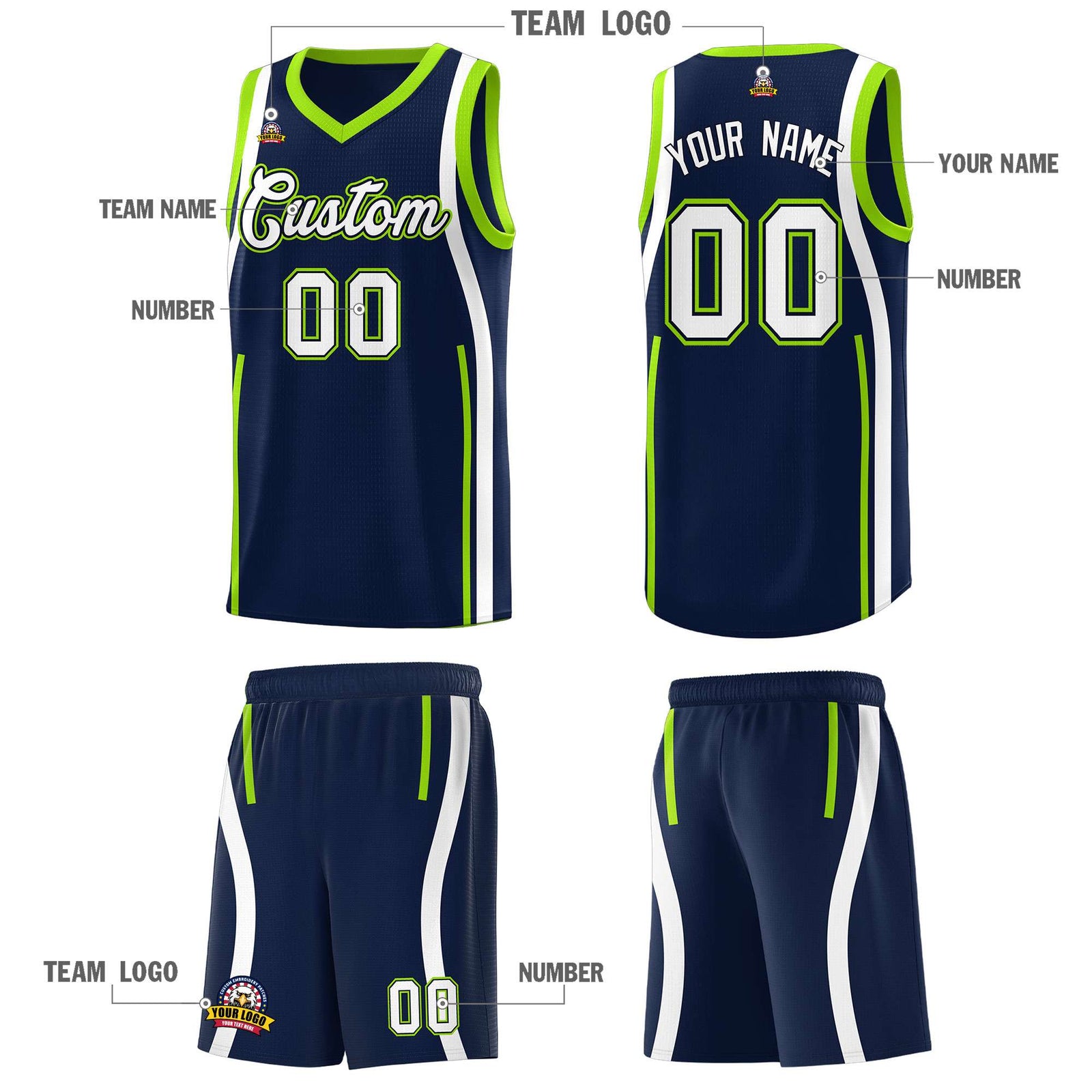 Custom Navy White AND Fluorescent Green Basketball Jersey