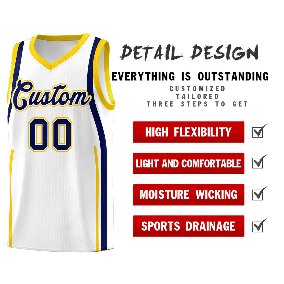 Custom White Navy AND Gold Basketball Jersey