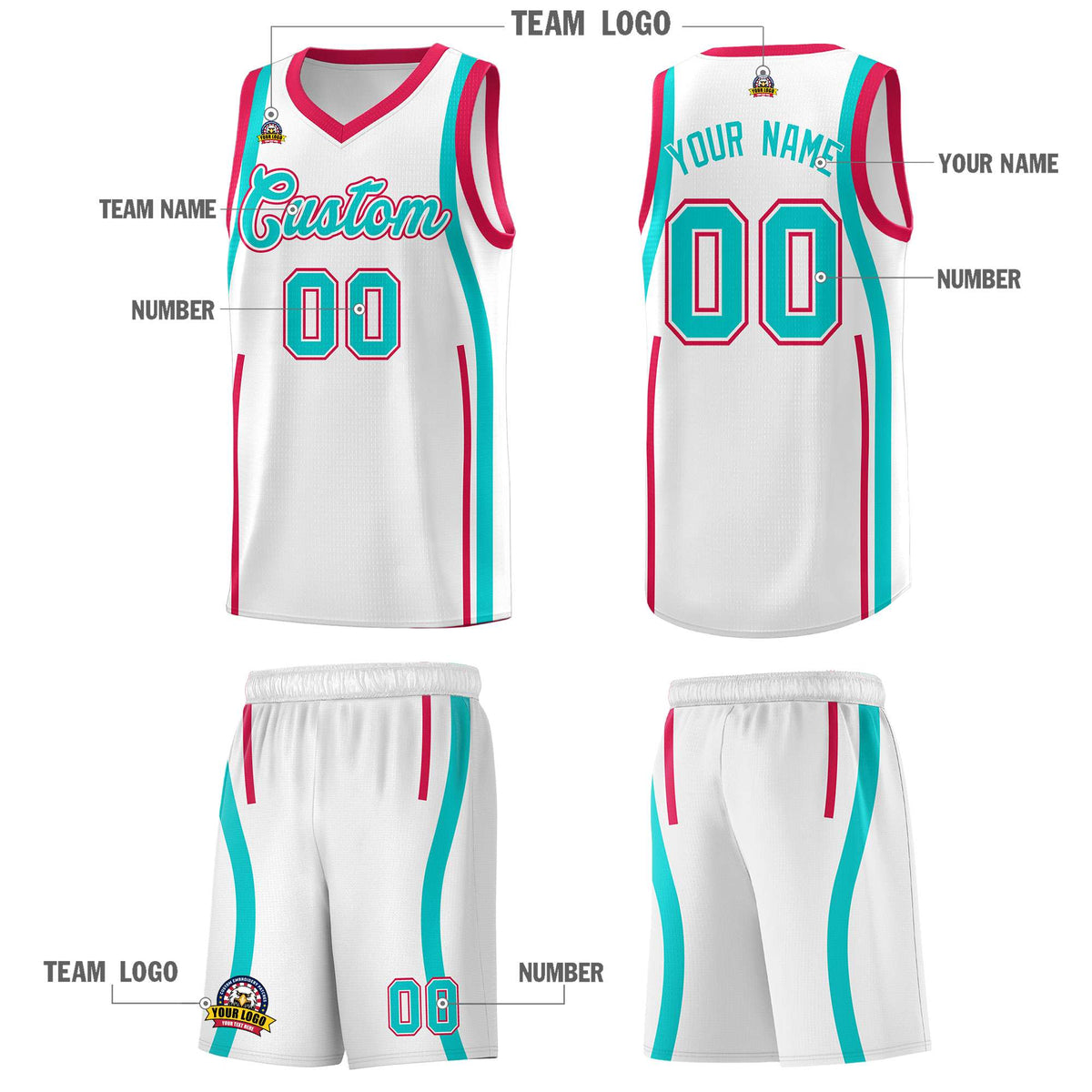 Custom White Aqua AND Red Basketball Jersey
