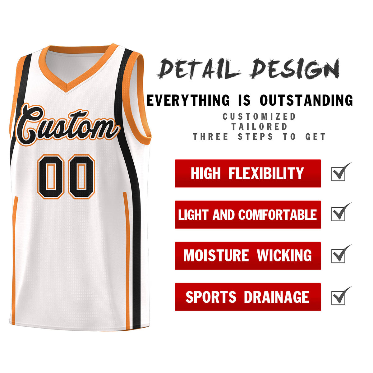 Custom White Gold Orange AND Black Basketball Jersey