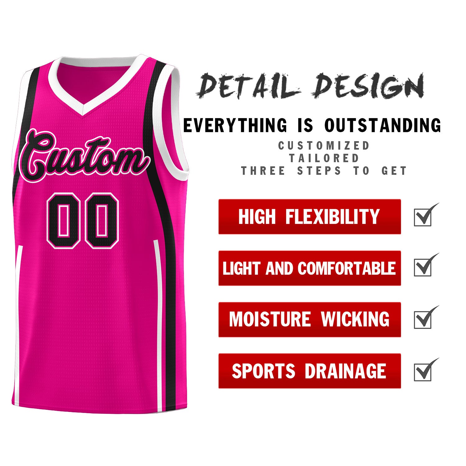 Custom Pink Black AND White Basketball Jersey