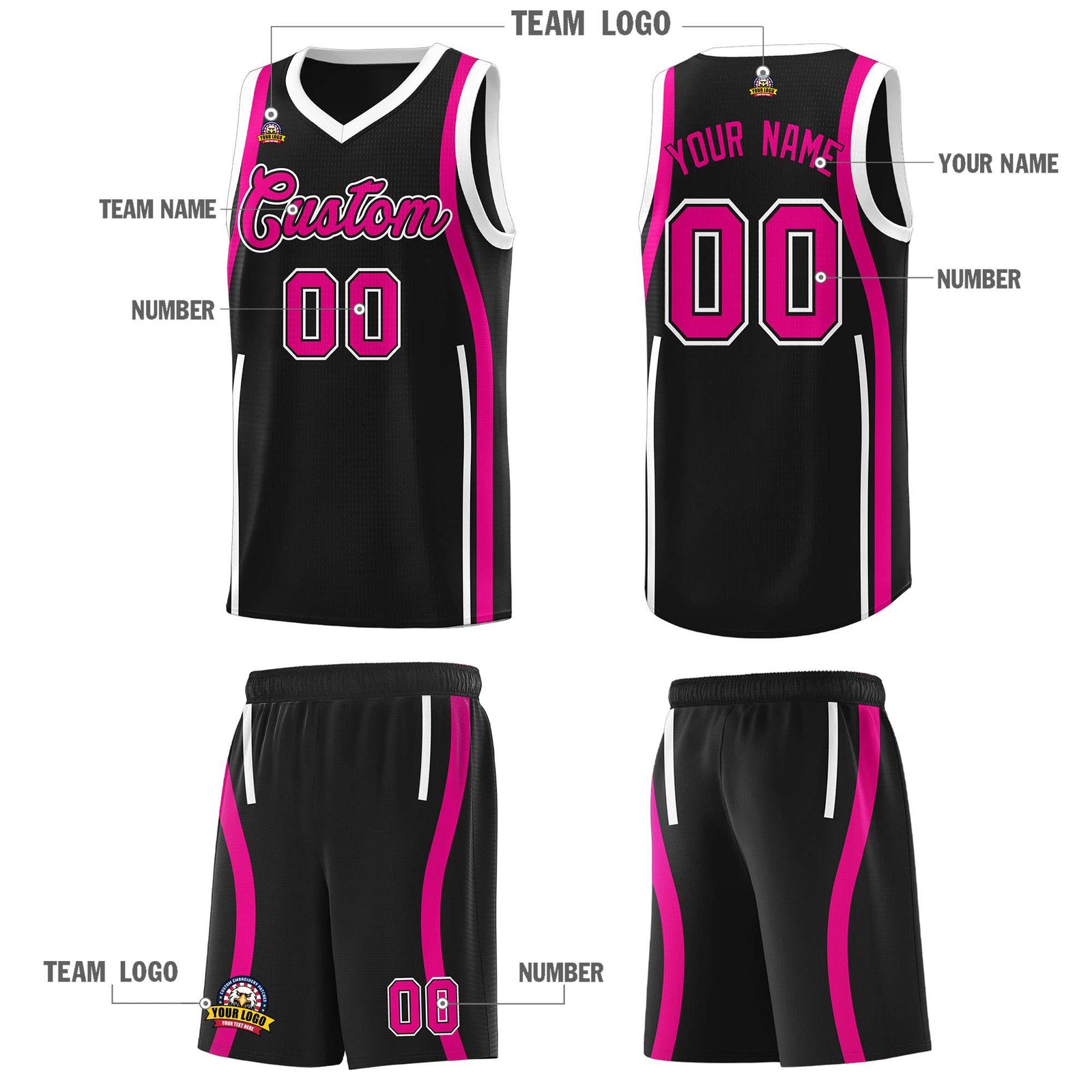 Custom Black Pink AND White Basketball Jersey