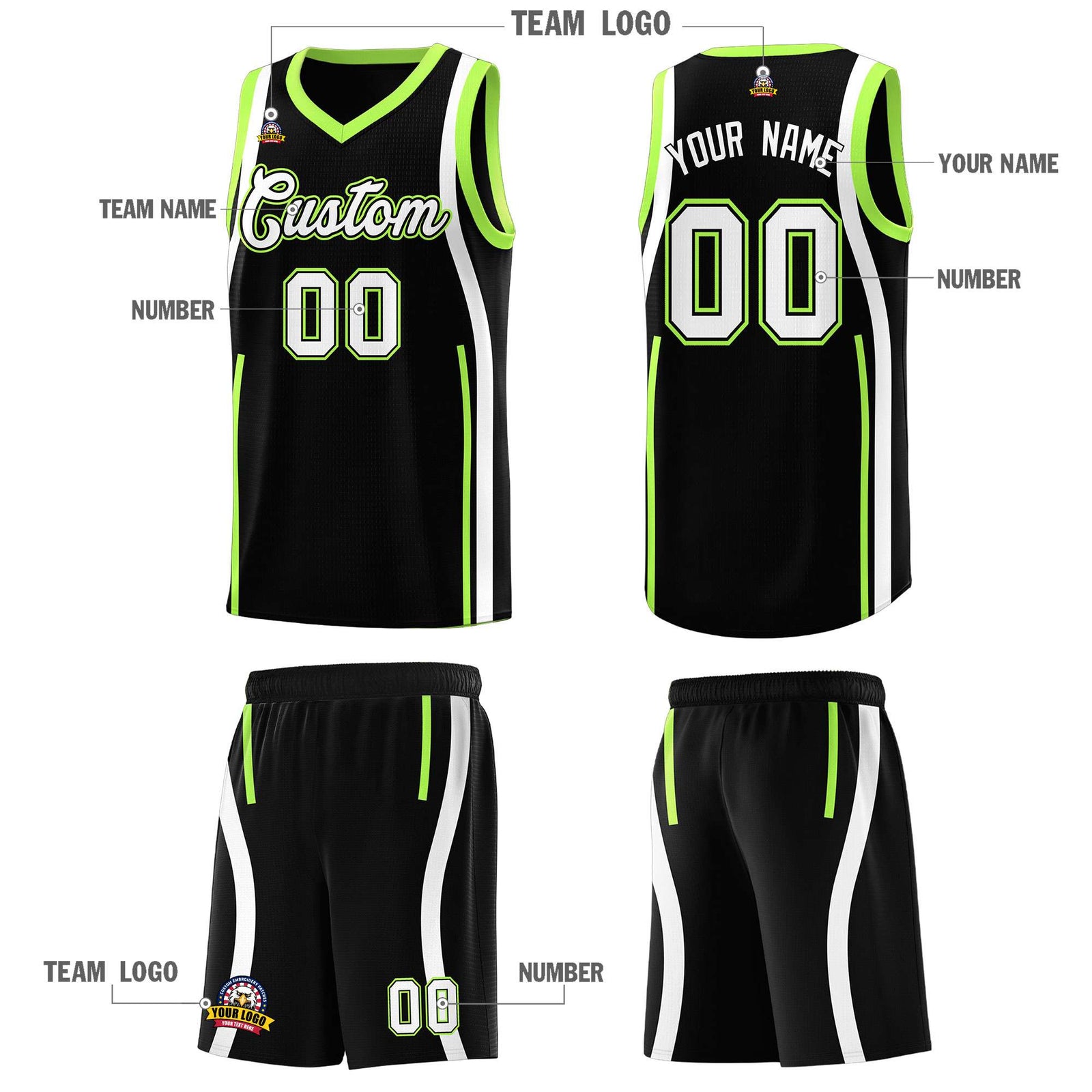 Custom Black Fluorescent Green AND White Basketball Jersey