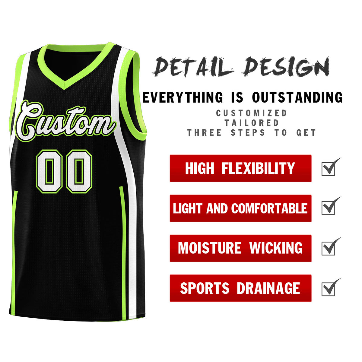 Custom Black Fluorescent Green AND White Basketball Jersey