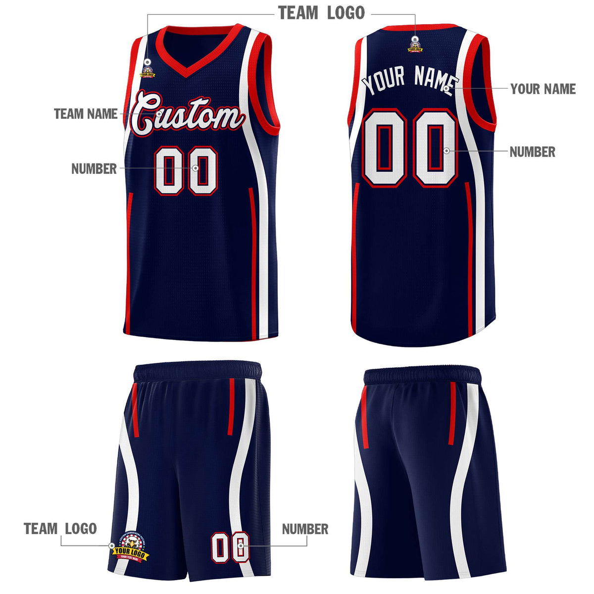 Custom Navy Red AND White Basketball Jersey