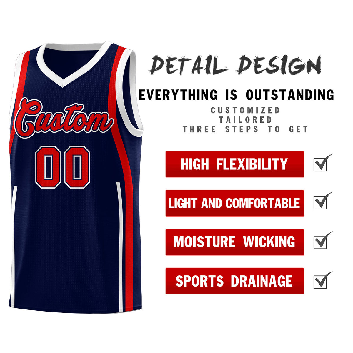 Custom Navy Red AND White Basketball Jersey