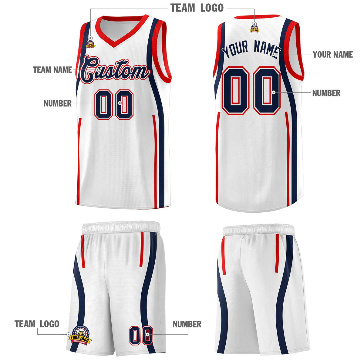 Custom White Navy AND Red Basketball Jersey