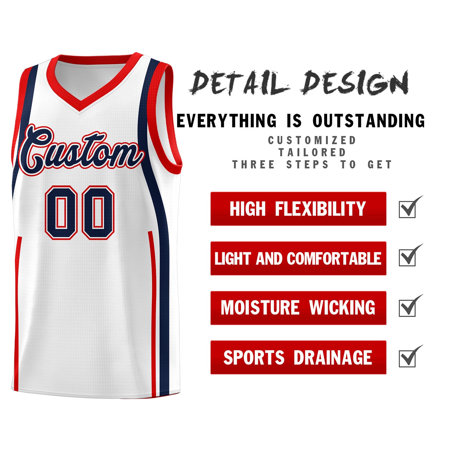 Custom White Navy AND Red Basketball Jersey