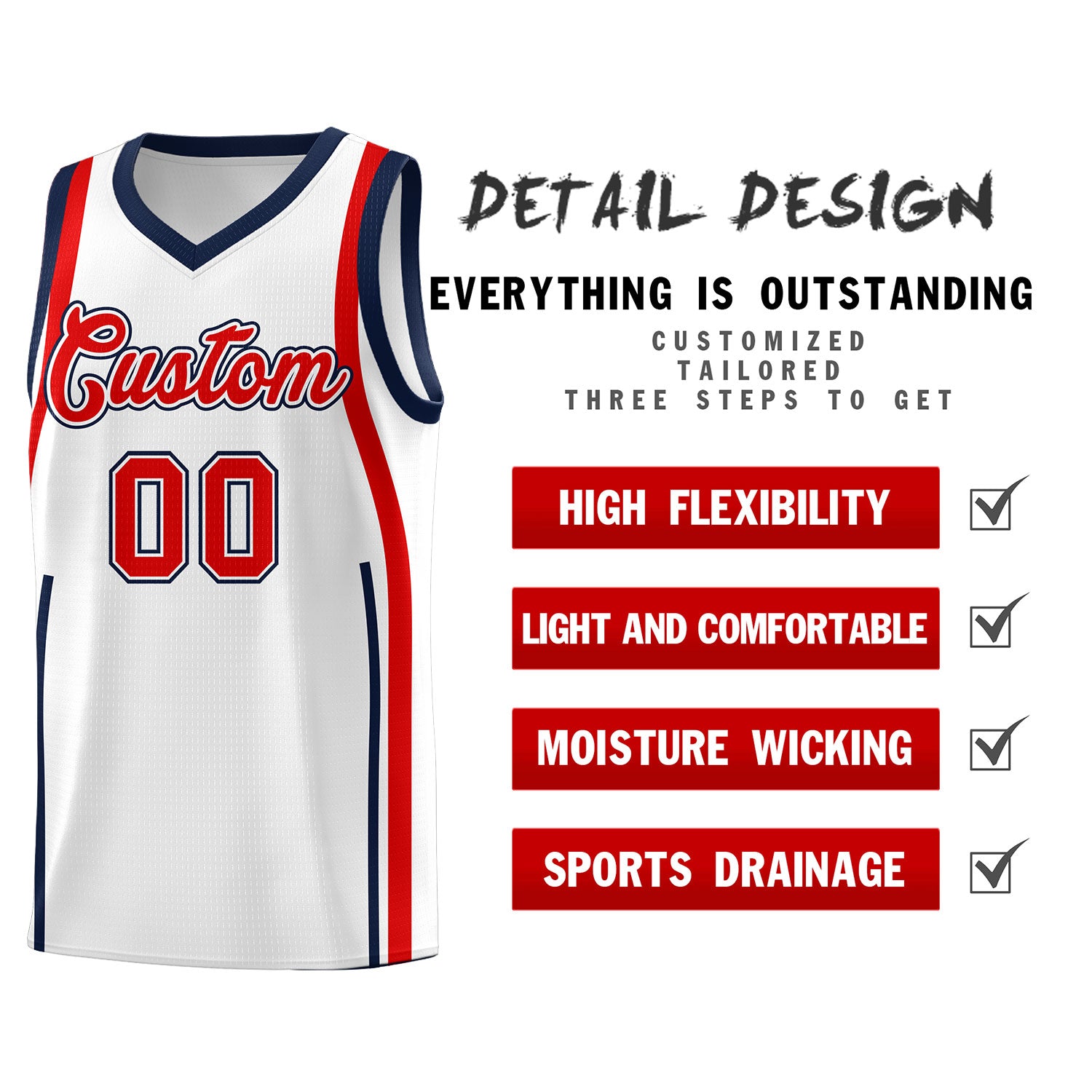 Custom White Navy AND Red Basketball Jersey