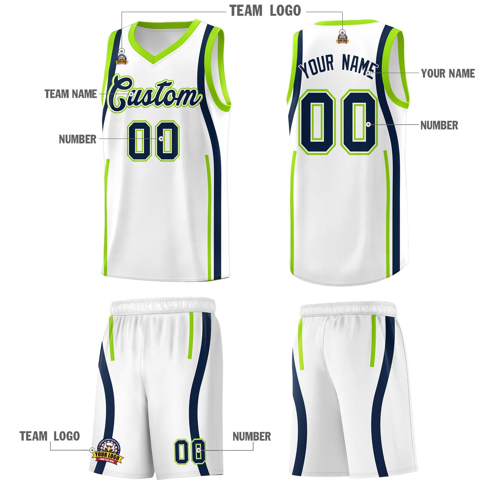 Custom White Fluorescent Green AND Navy Basketball Jersey