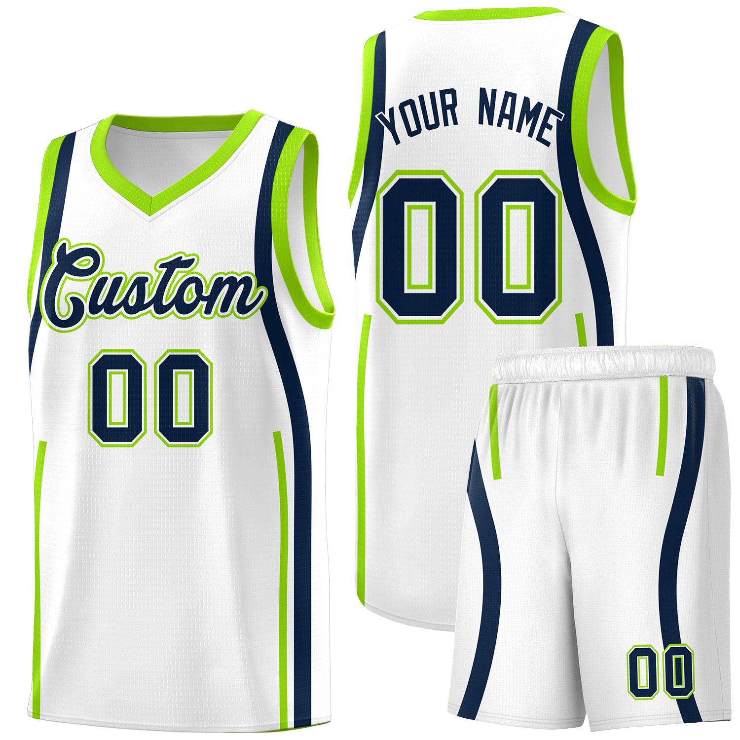 Custom White Fluorescent Green AND Navy Basketball Jersey