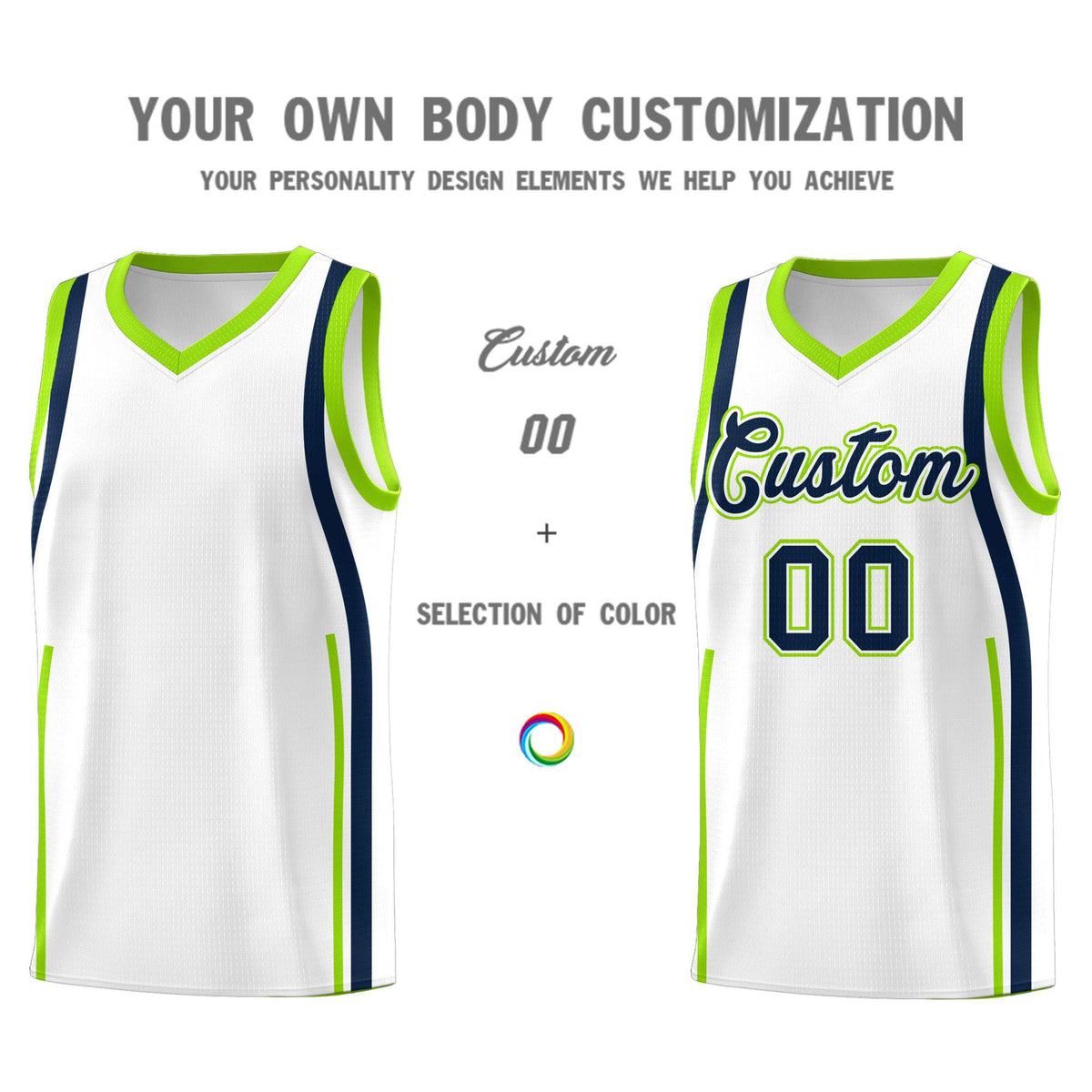 Custom White Fluorescent Green AND Navy Basketball Jersey