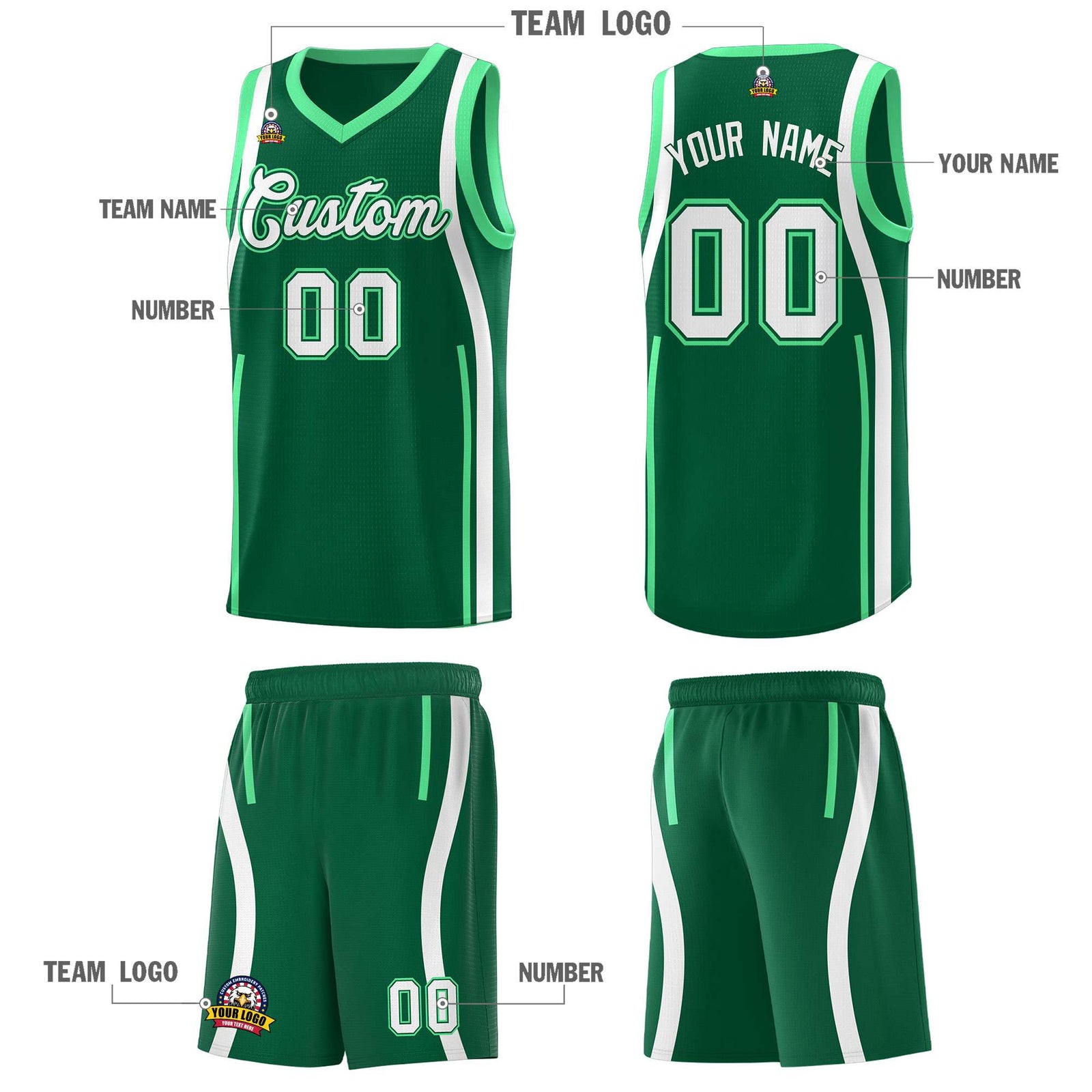 Custom Kelly Green Green AND White Basketball Jersey