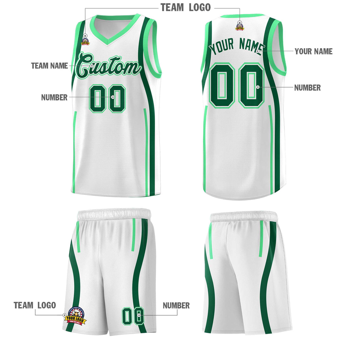 Custom White Kelly Green AND Green Basketball Jersey