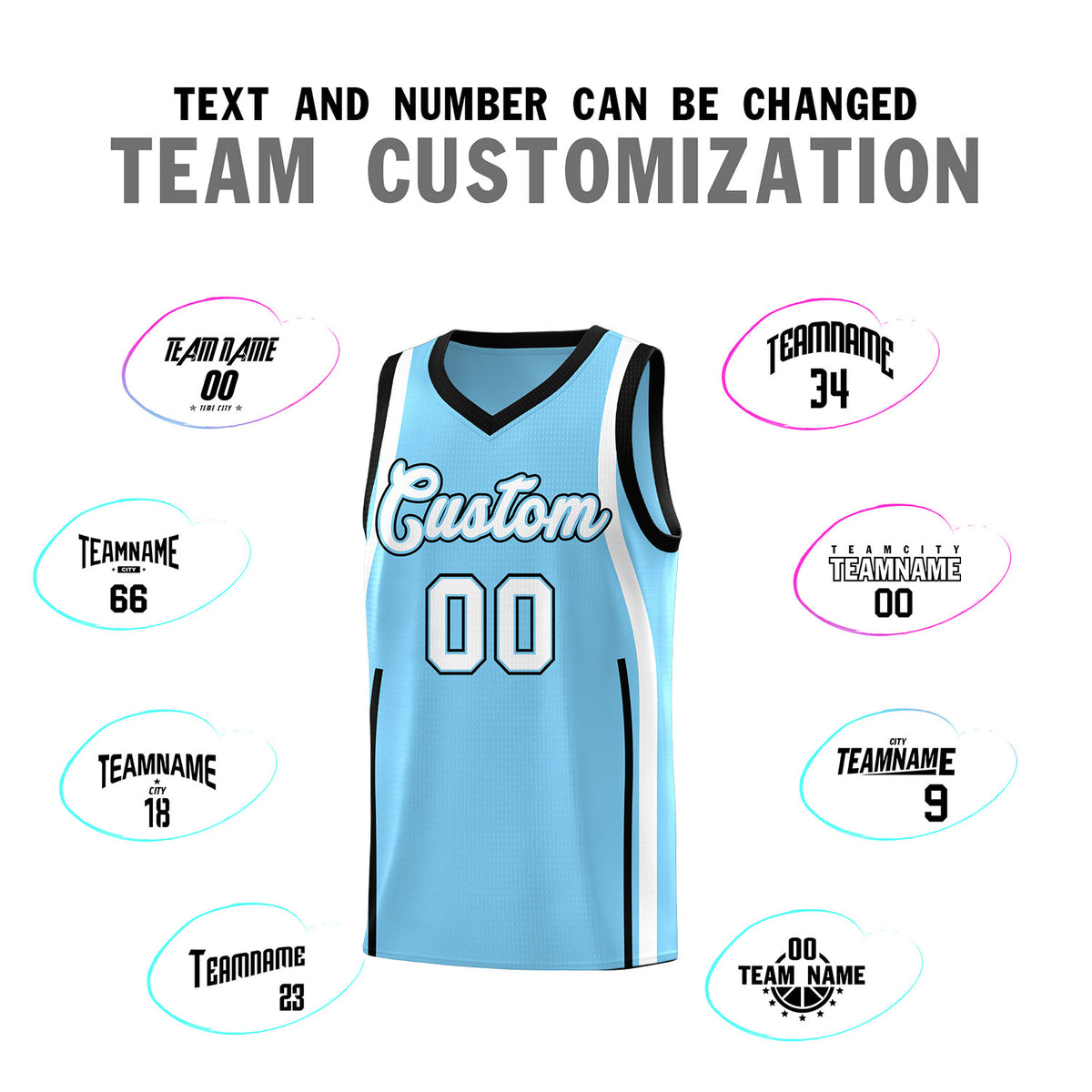 Custom Light Blue Black AND White Basketball Jersey