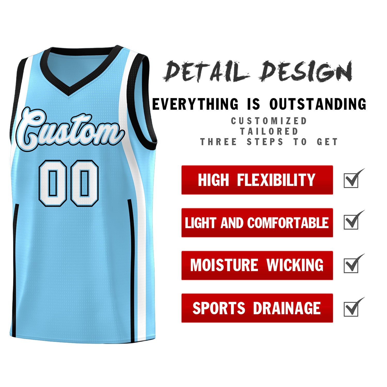 Custom Light Blue Black AND White Basketball Jersey