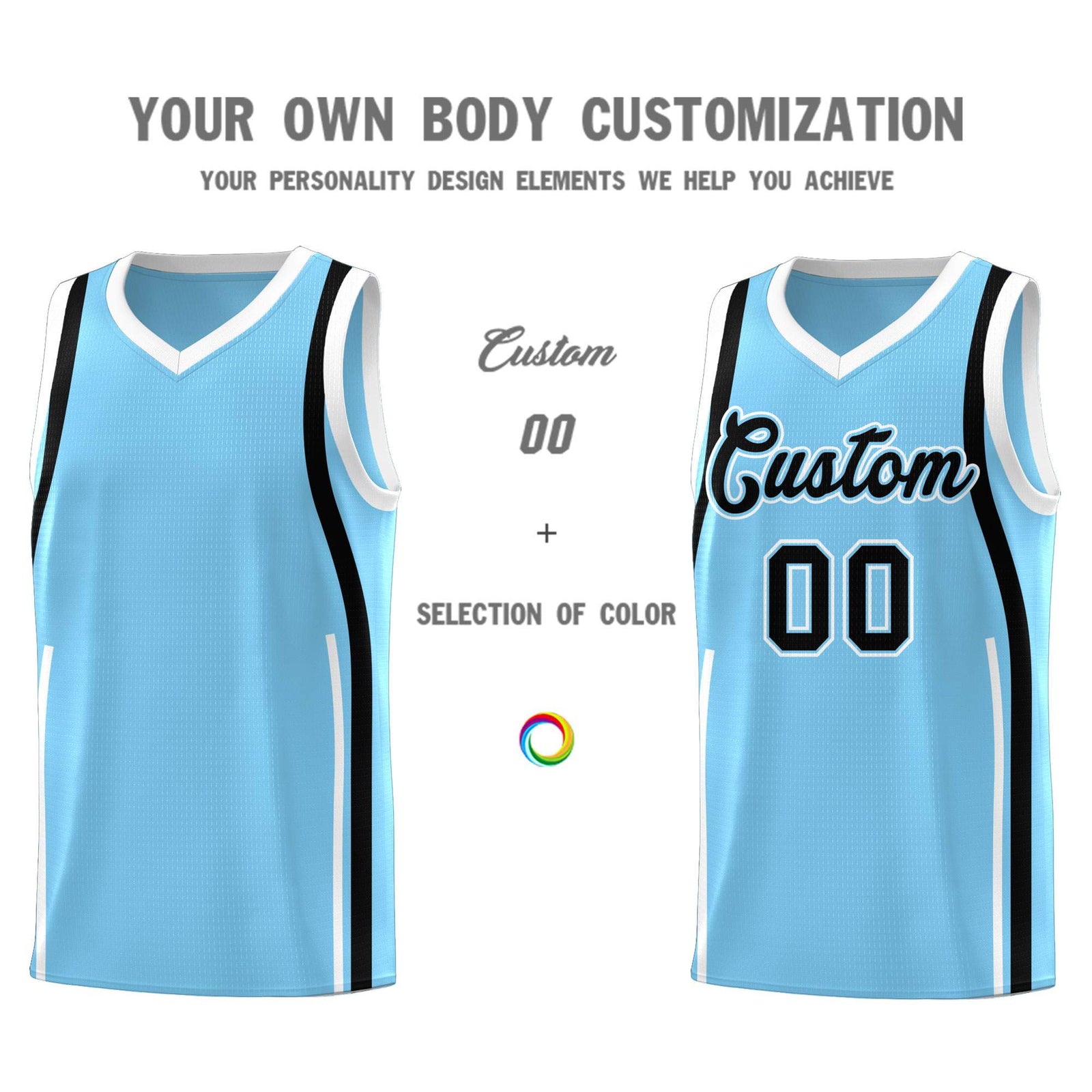 Custom Light Blue Black AND White Basketball Jersey