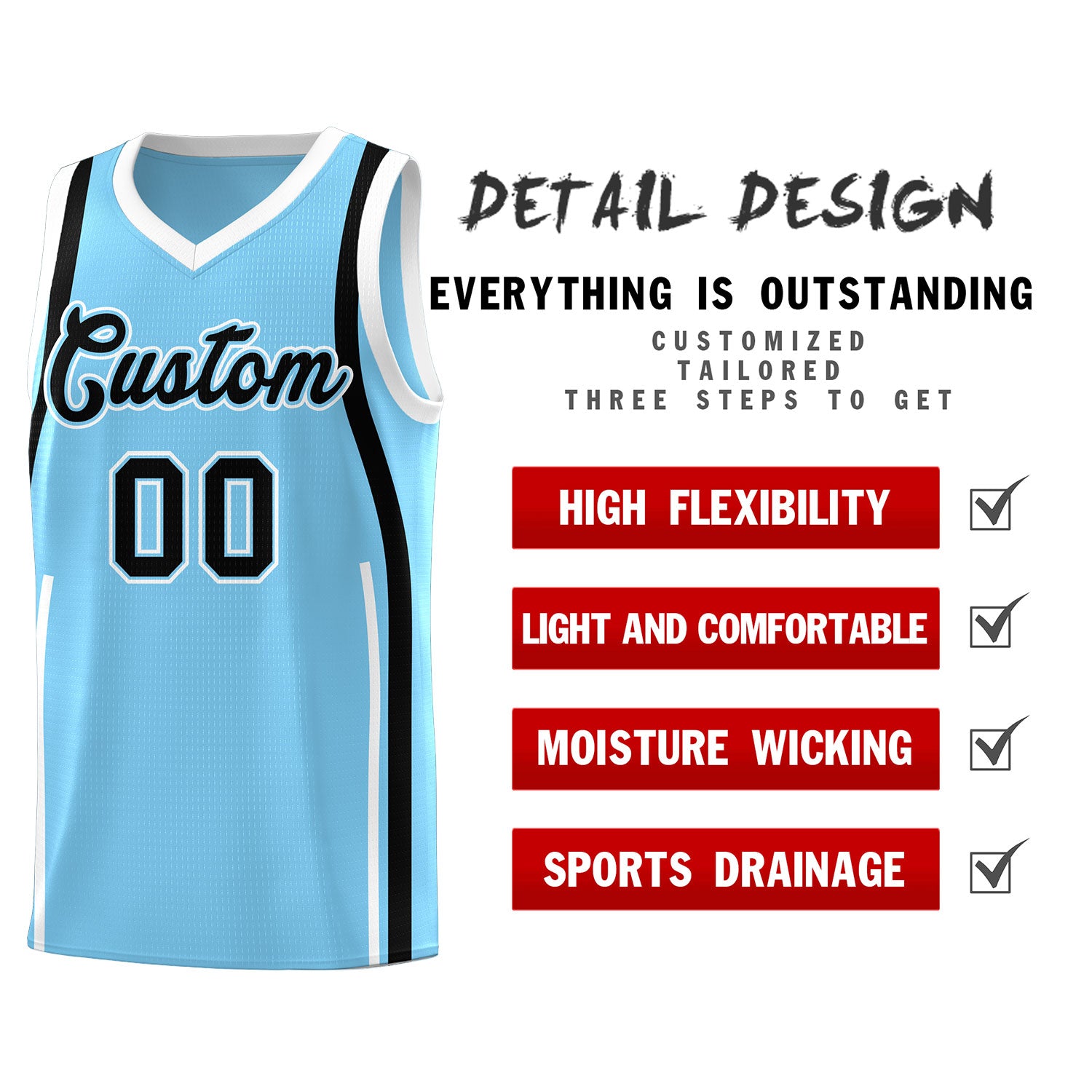 Custom Light Blue Black AND White Basketball Jersey