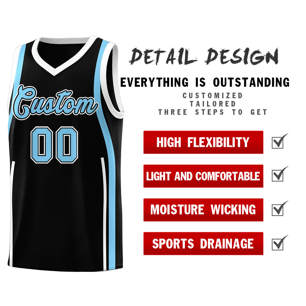 Custom Black Light Blue AND White Basketball Jersey