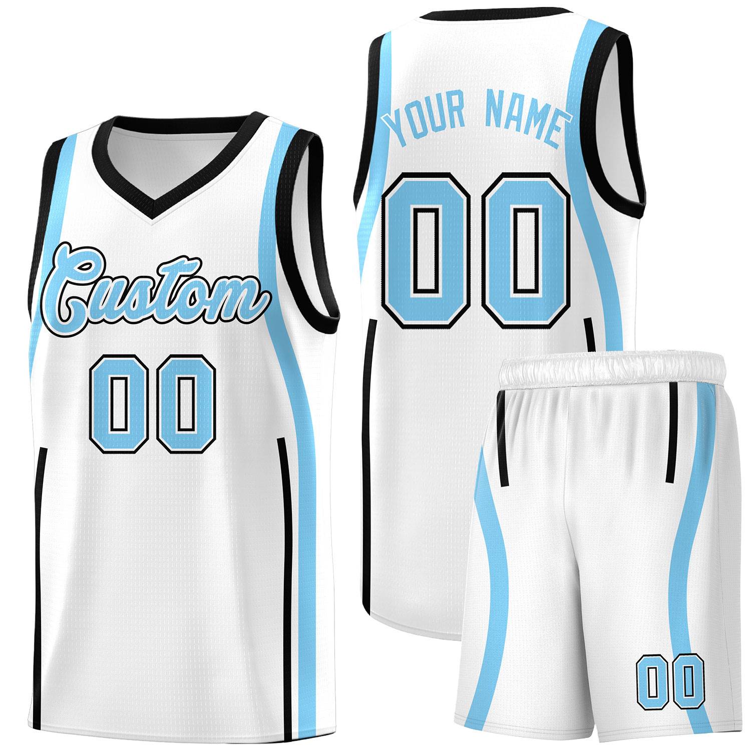 Custom White Light Blue AND Black Basketball Jersey