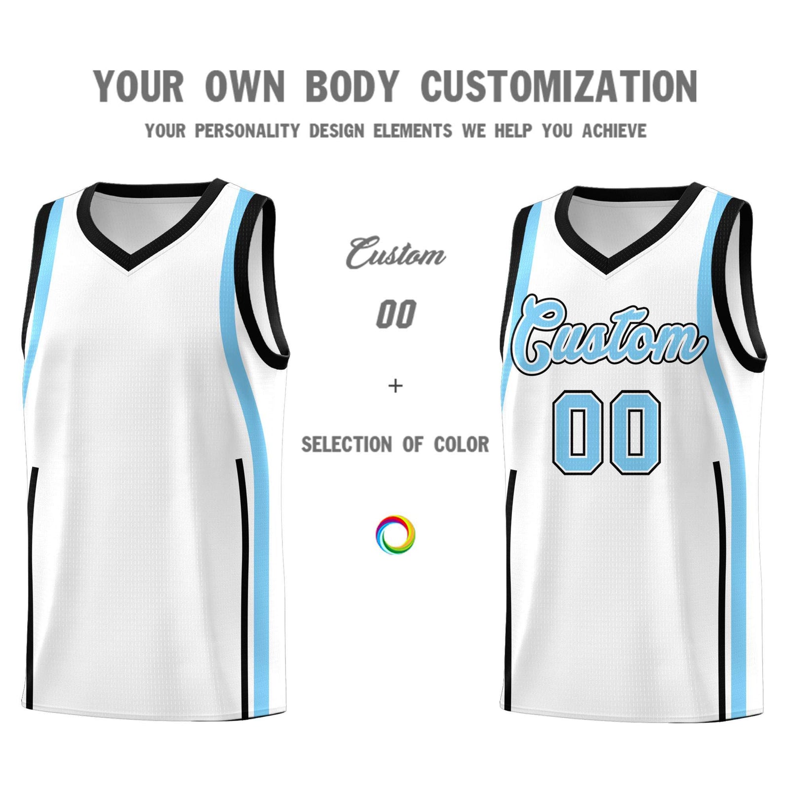 Custom White Light Blue AND Black Basketball Jersey