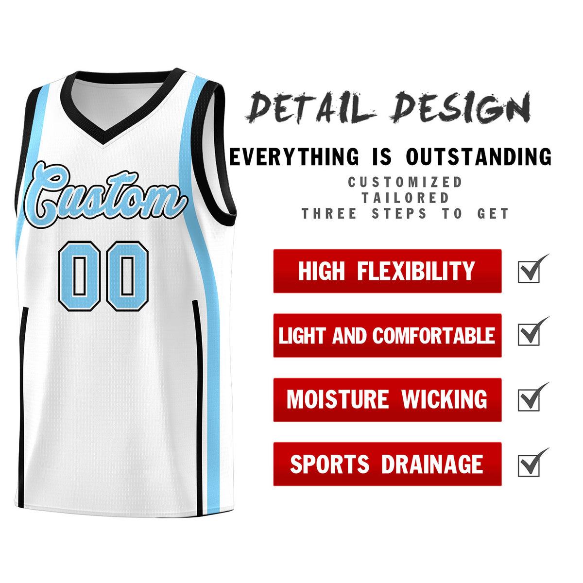 Custom White Light Blue AND Black Basketball Jersey
