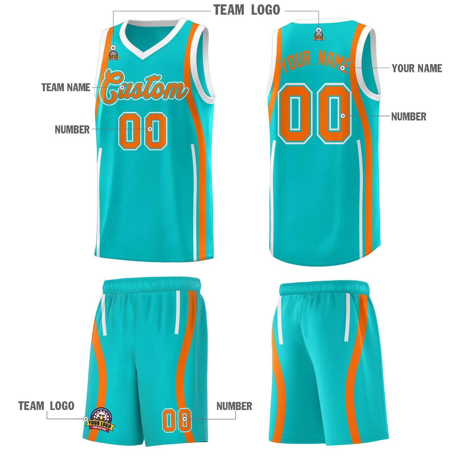 Custom Aqua Orange AND White Basketball Jersey