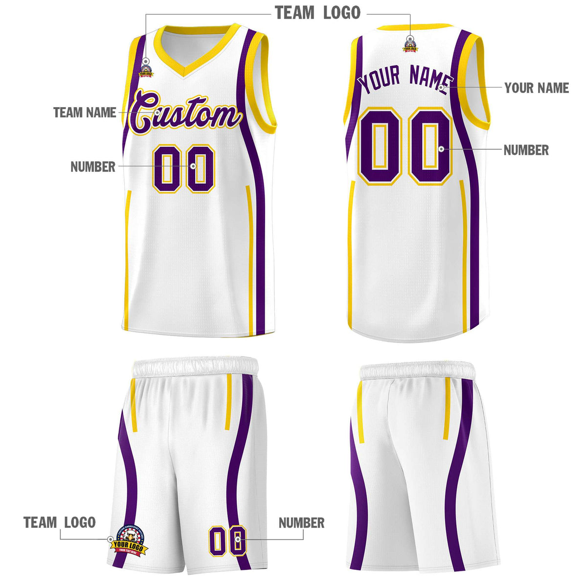 Custom White Purple AND Gold Basketball Jersey