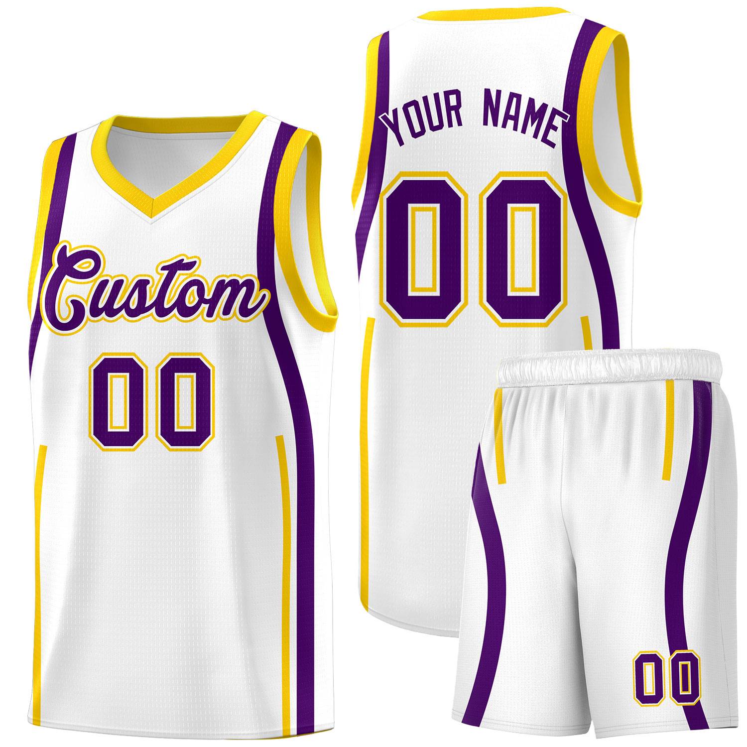 Custom White Purple AND Gold Basketball Jersey
