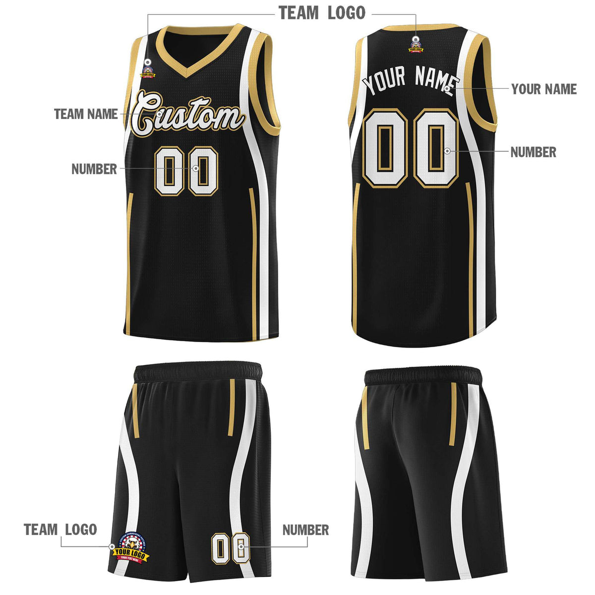 Custom Black Old Gold AND White Basketball Jersey