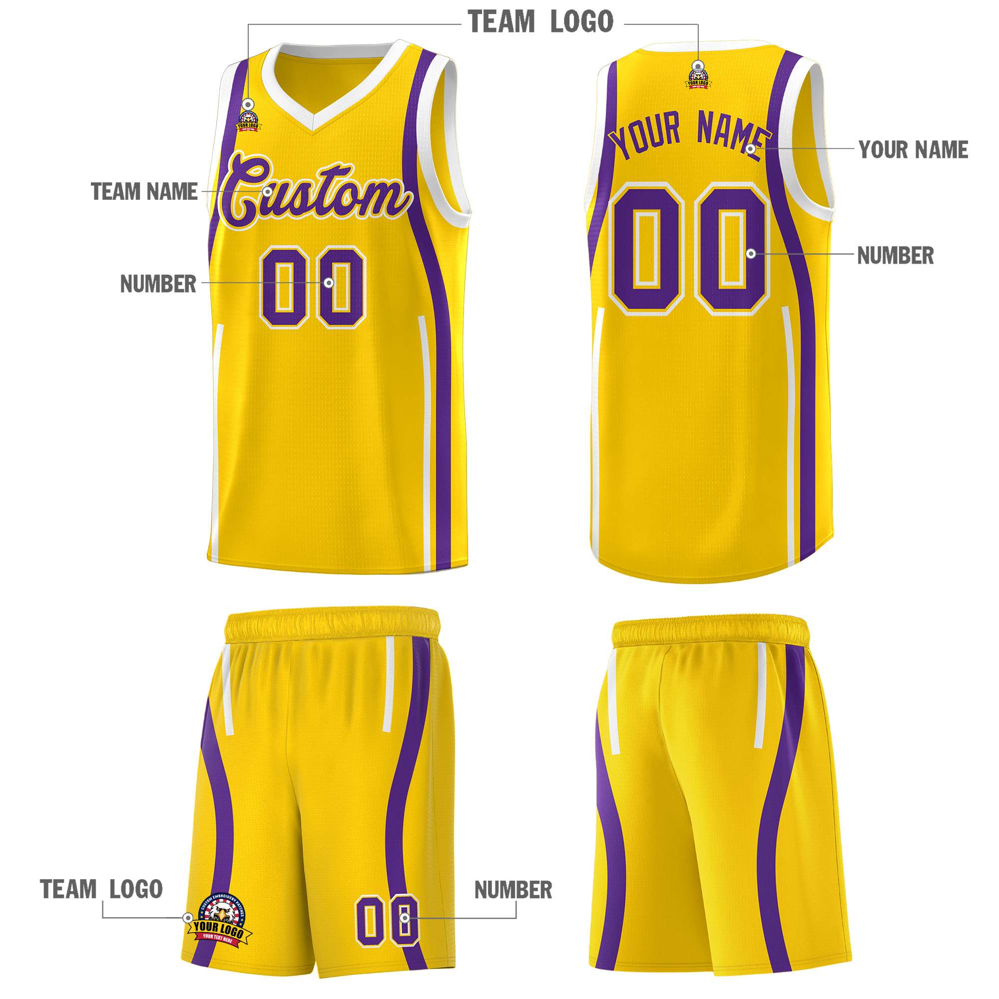 Custom Gold Purple AND White Basketball Jersey