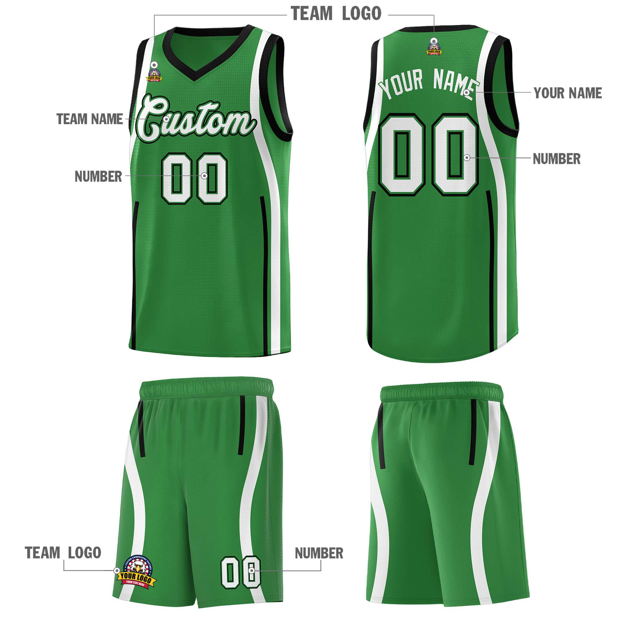 Custom Kelly Green Black AND White Basketball Jersey