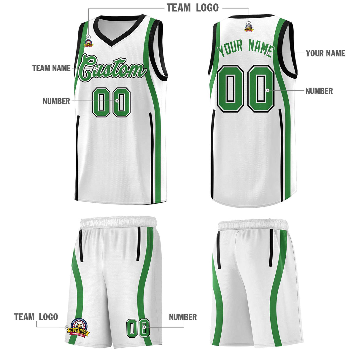 Custom White Kelly Green AND White Basketball Jersey