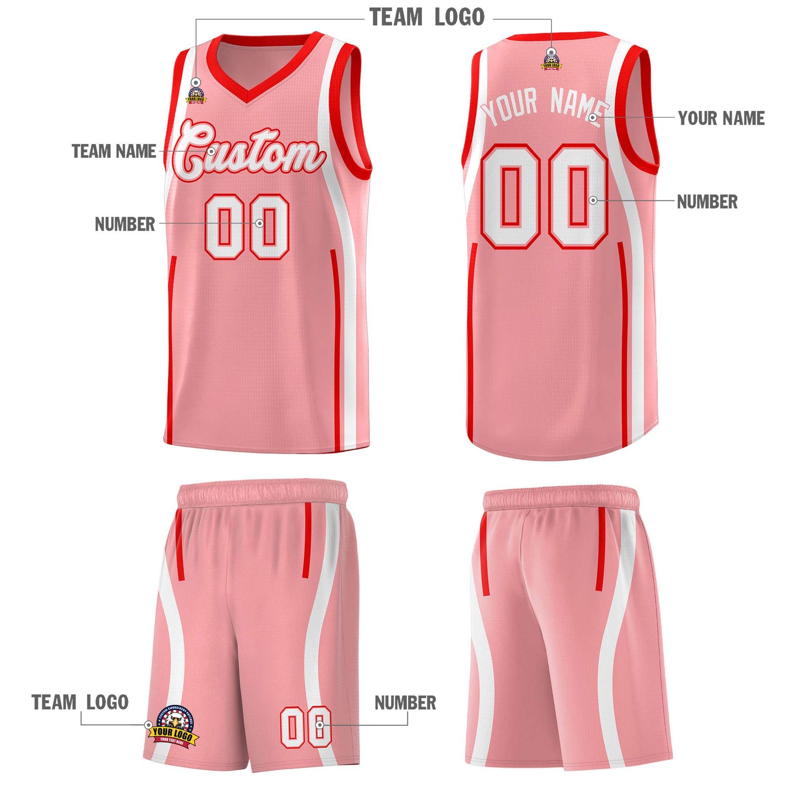 Custom Light Pink Light Red AND White Basketball Jersey
