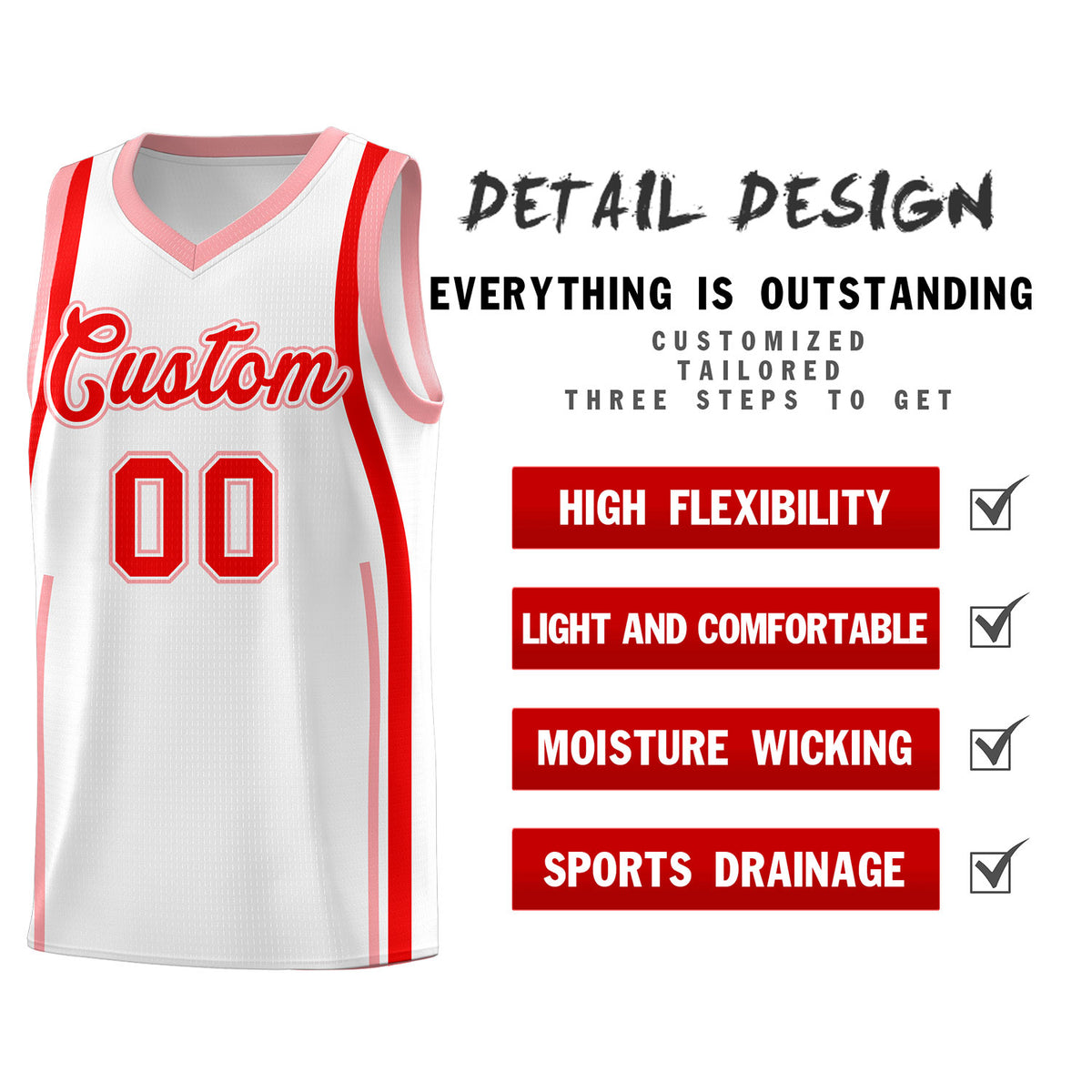 Custom White Light Red AND Light Pink Basketball Jersey