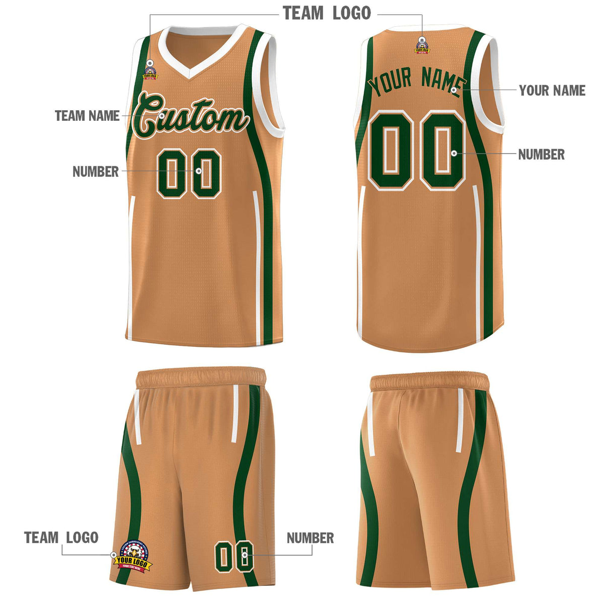 Custom Buckskin Brown Green AND White Basketball Jersey