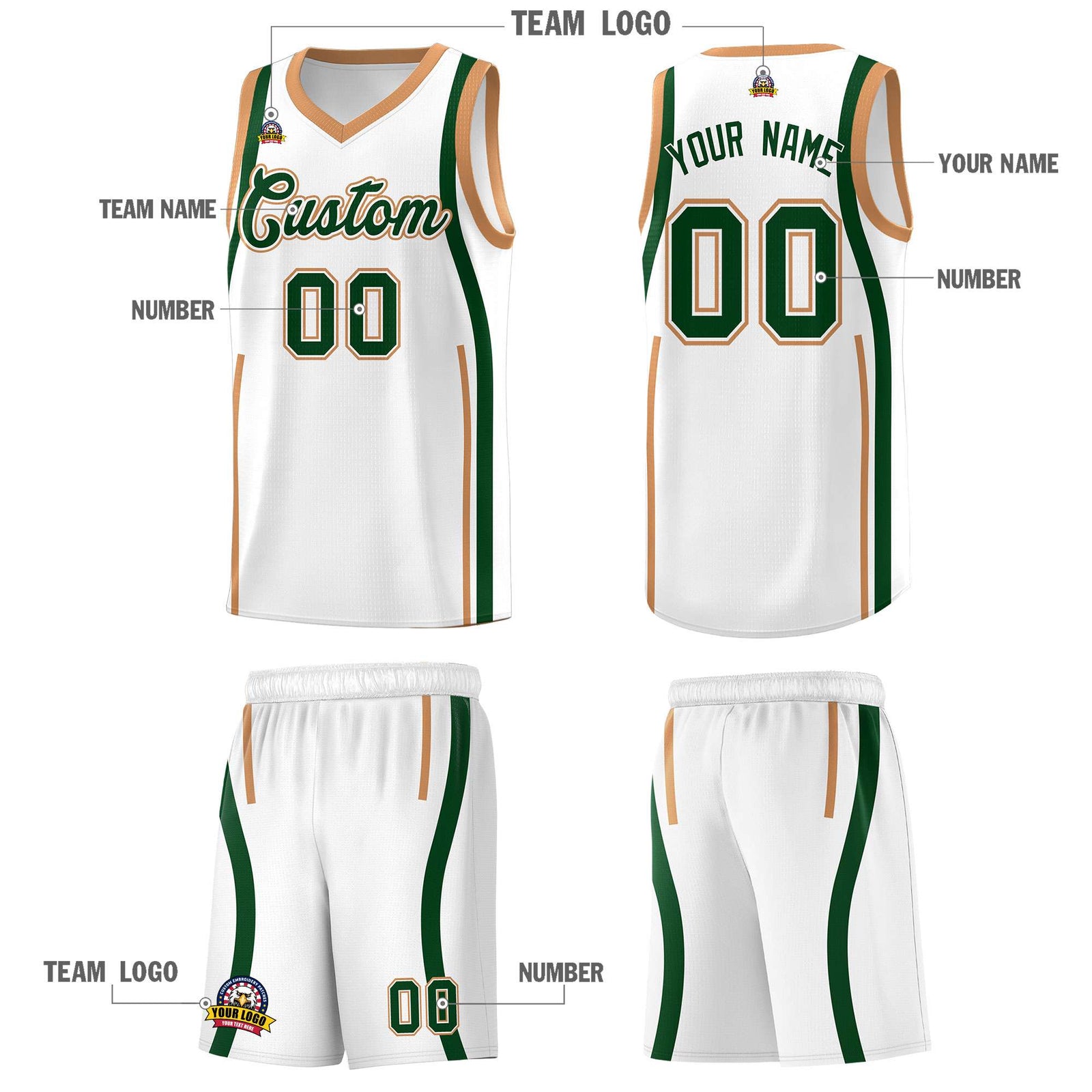 Custom White Green AND Buckskin Brown Basketball Jersey