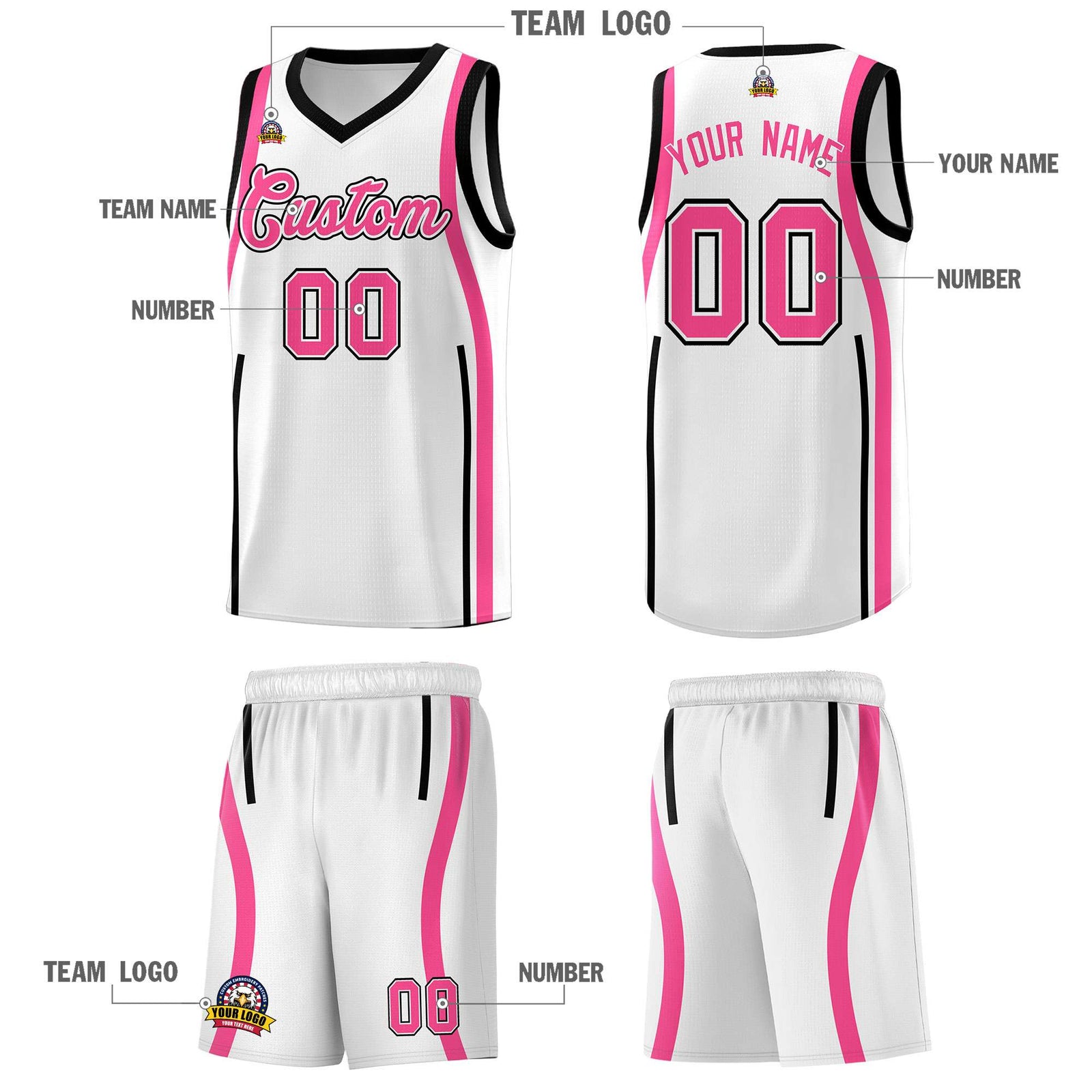 Custom White Pink AND Black Basketball Jersey
