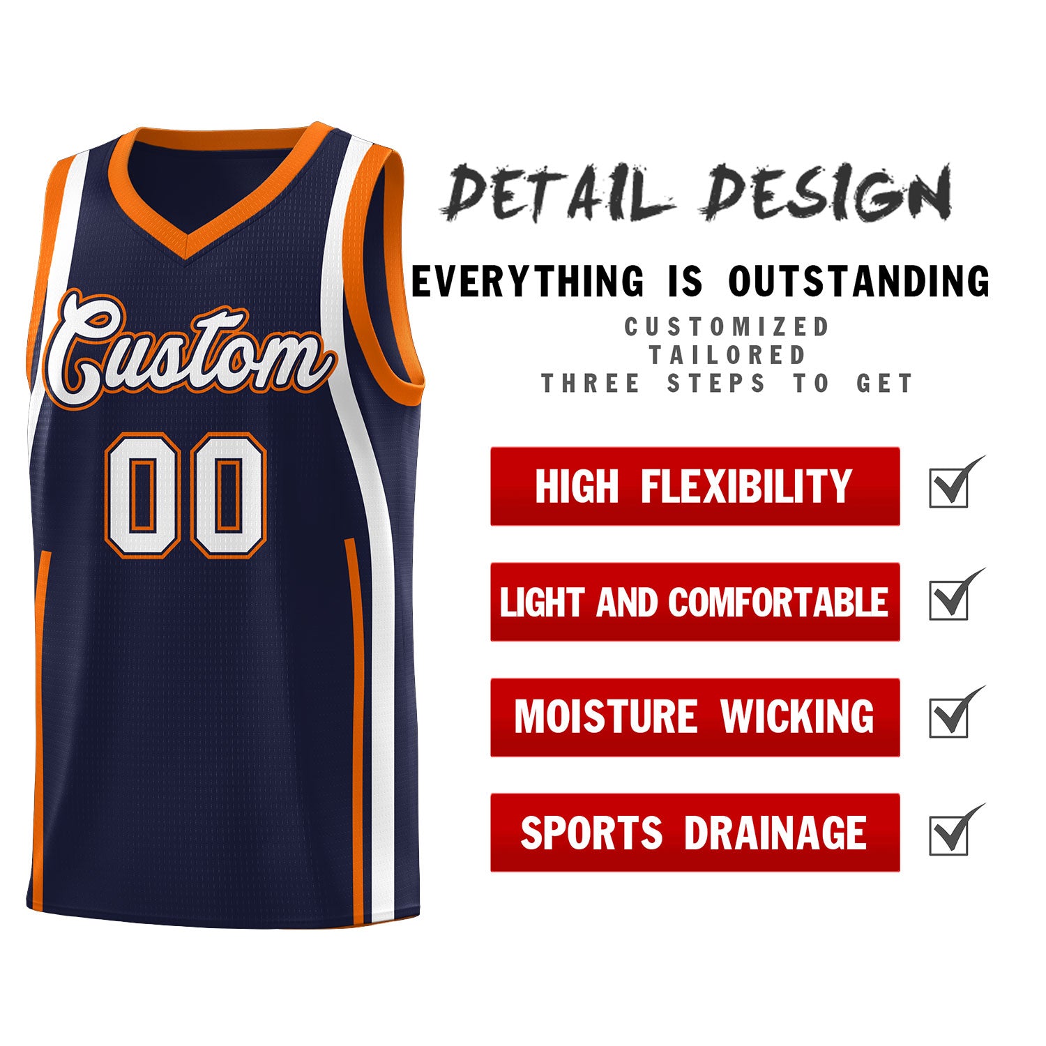 Custom Navy Orange AND White Basketball Jersey