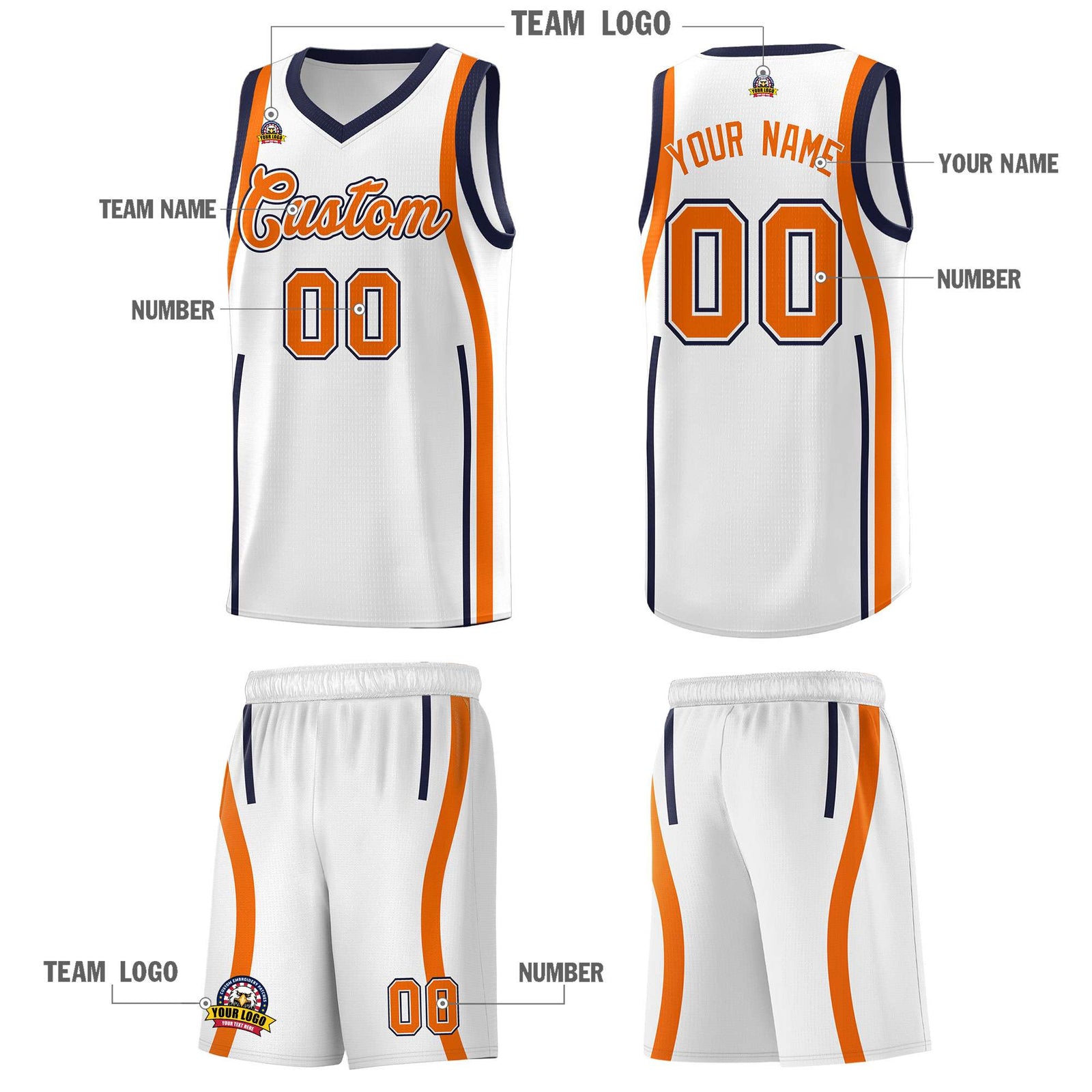 Custom White Navy AND Orange Basketball Jersey