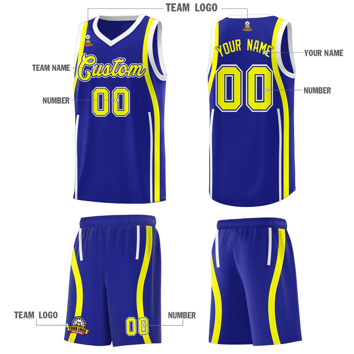 Custom Royal Fluorescent Yellow AND White Basketball Jersey