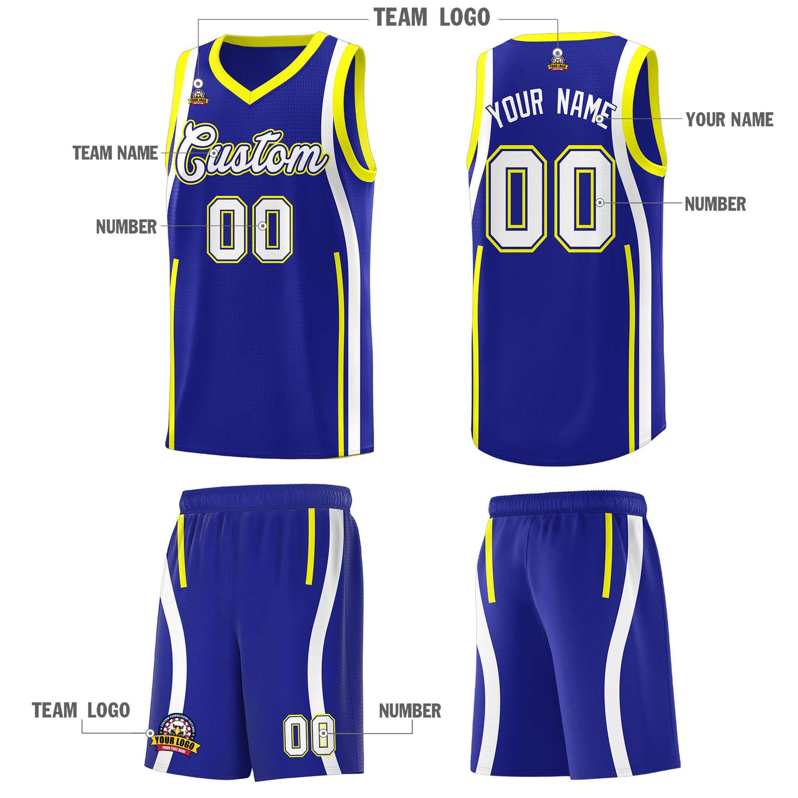 Custom Royal Fluorescent Yellow AND White Basketball Jersey