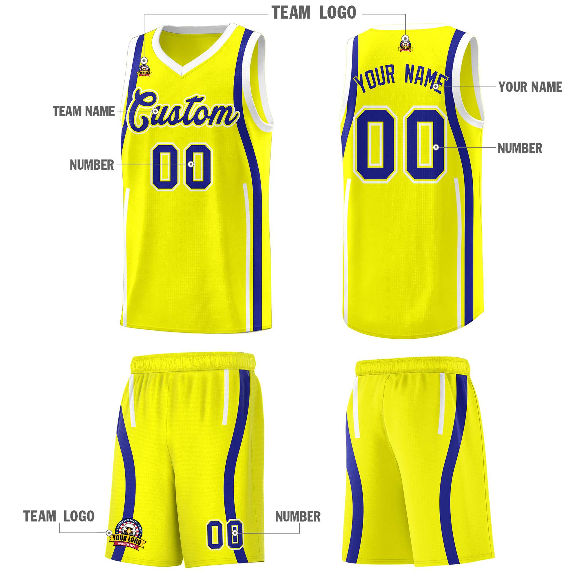 Custom Fluorescent Yellow Royal AND White Basketball Jersey
